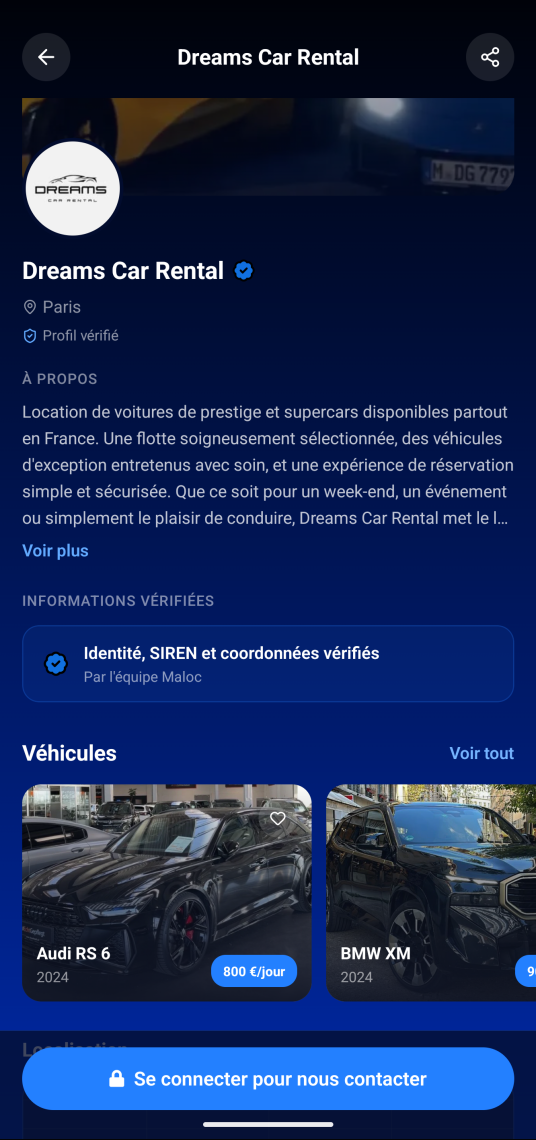 Profil loueur Maloc — page publique mobile
